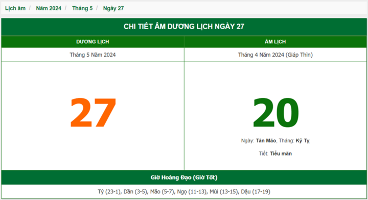 Xem lịch âm hôm nay 27/5/2024 - Âm lịch hôm nay 27/5 chuẩn nhất