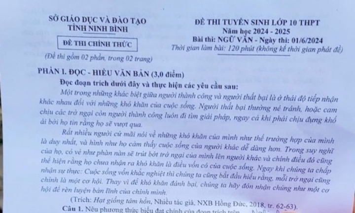 Kỳ thi tuyển sinh vào lớp 10 Ninh Bình: Đề thi, đáp án gợi ý môn Ngữ văn