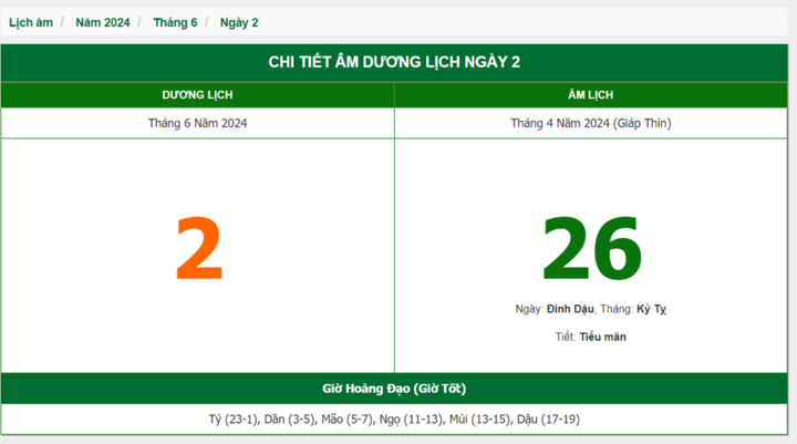 Xem lịch âm hôm nay 2/6/2024 - Âm lịch hôm nay 2/6 chuẩn nhất