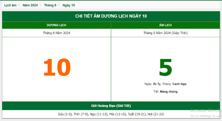 Xem lịch âm hôm nay 10/6/2024 - Âm lịch hôm nay 10/6 chuẩn nhất