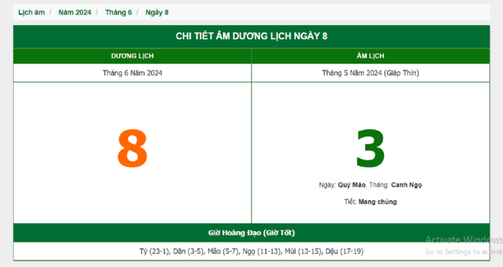 Xem lịch âm hôm nay 8/6/2024 - Âm lịch hôm nay 8/6 chuẩn nhất