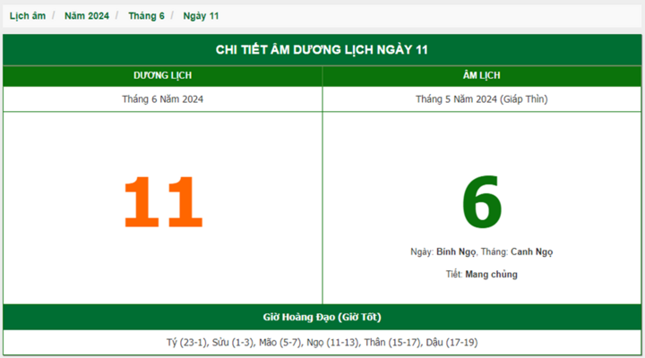Xem lịch âm hôm nay 11/6/2024 - Âm lịch hôm nay 11/6 chuẩn nhất