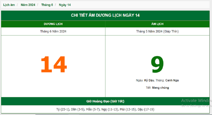 Xem lịch âm hôm nay 14/6/2024 - Âm lịch hôm nay 14/6 chuẩn nhất