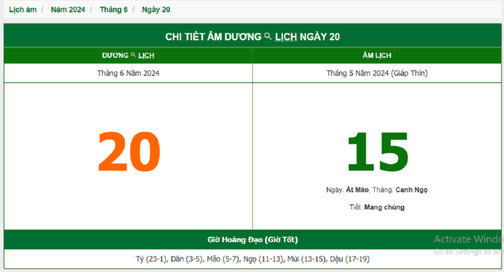 Xem lịch âm hôm nay 20/6/2024 - Âm lịch hôm nay 20/6 chuẩn nhất