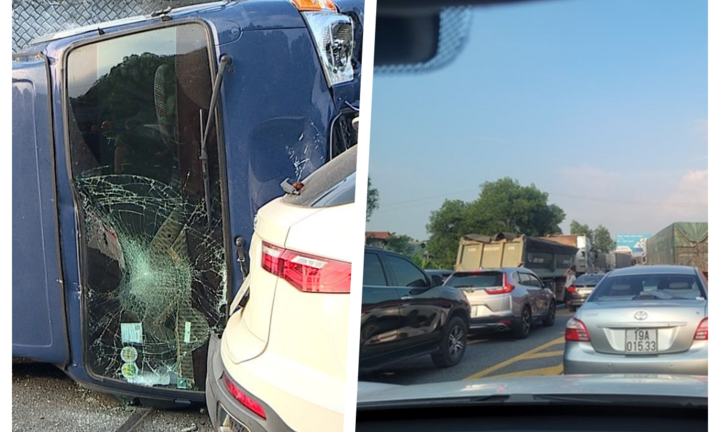 Hiện trường vụ xe tải lật ngang sau tai nạn trên cao tốc Nội Bài - Lào Cai