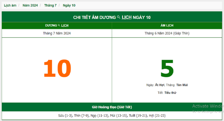 Xem lịch âm hôm nay 10/7/2024 - Âm lịch hôm nay 10/7 chuẩn nhất
