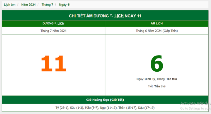Xem lịch âm hôm nay 11/7/2024 - Âm lịch hôm nay 11/7 chuẩn nhất