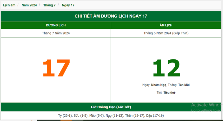 Xem lịch âm hôm nay 17/7/2024 - Âm lịch hôm nay 17/7 chuẩn nhất