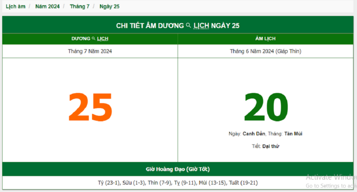 Xem lịch âm hôm nay 25/7/2024 - Âm lịch hôm nay 25/7 chuẩn nhất