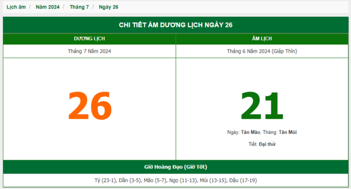 Xem lịch âm hôm nay 26/7/2024 - Âm lịch hôm nay 26/7 chuẩn nhất