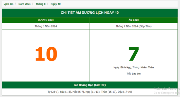 Xem lịch âm hôm nay 10/8/2024 - Âm lịch hôm nay 10/8 chuẩn nhất