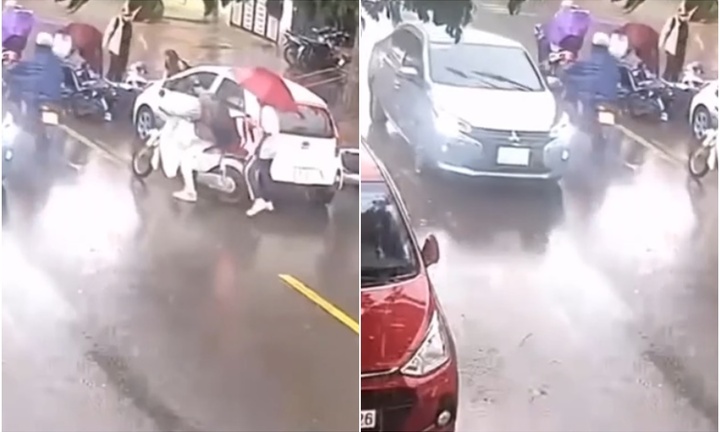 Clip:  Thót tim cảnh xe máy, ô tô va chạm liên hoàn, người lái ngã sõng soài giữa đường