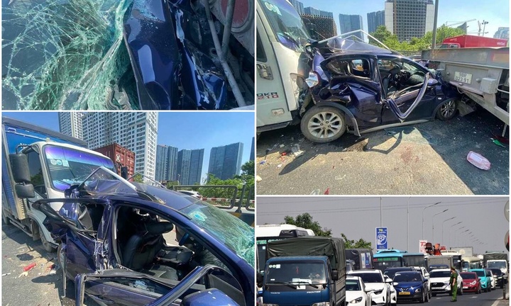 Hiện trường 6 ô tô đâm dồn nhau trên cầu ở Hà Nội, 4 người mắc kẹt trong xe