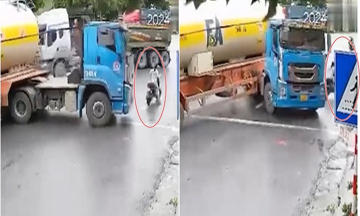 Clip: Xe bồn phanh gấp trước ngã tư, người phụ nữ 