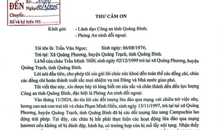 Người cha có con bị lừa sang Campuchia được giải cứu trở về, viết thư cảm ơn công an
