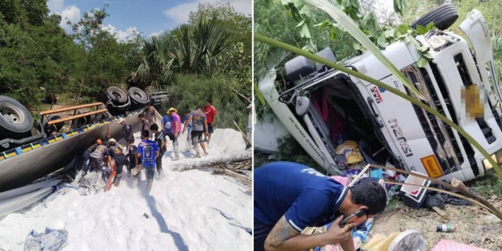 Tài xế ngủ gật, xe tải lao vào quầy trái cây ven đường, 3 mẹ con tử vong thương tâm tại Thái Lan