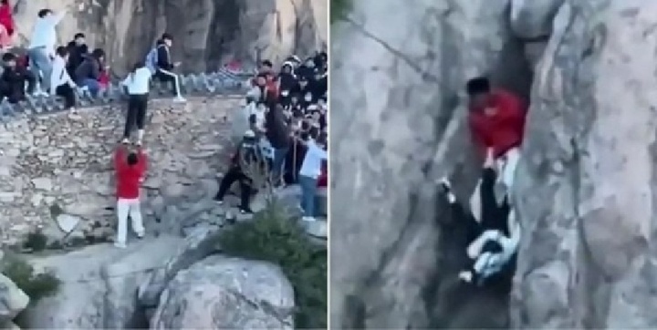 Clip: Thót tim cảnh du khách Trung Quốc suýt rơi vực vì tránh đám đông