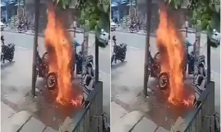 Clip: Xe máy bất ngờ bốc cháy ngùn ngụt khi đang khởi động, tài xế sợ hãi bỏ chạy