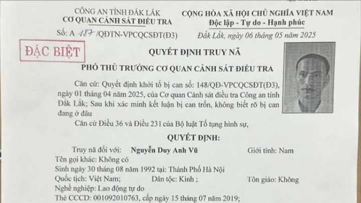 Công an truy nã đặc biệt Nguyễn Duy Anh Vũ