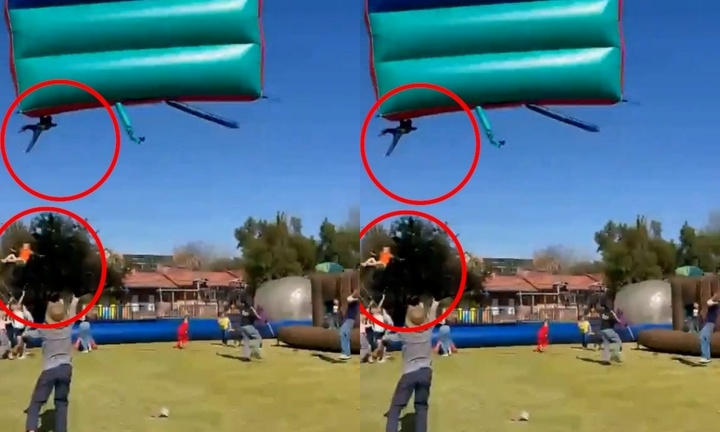 Lâu đài hơi bị gió lớn cuốn lên không trung 12m, 2 học sinh rơi xuống đất