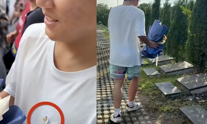 Xót xa khoảnh khắc nam sinh đeo ảnh mẹ đi thi, sau đó quỳ gối trước mộ 