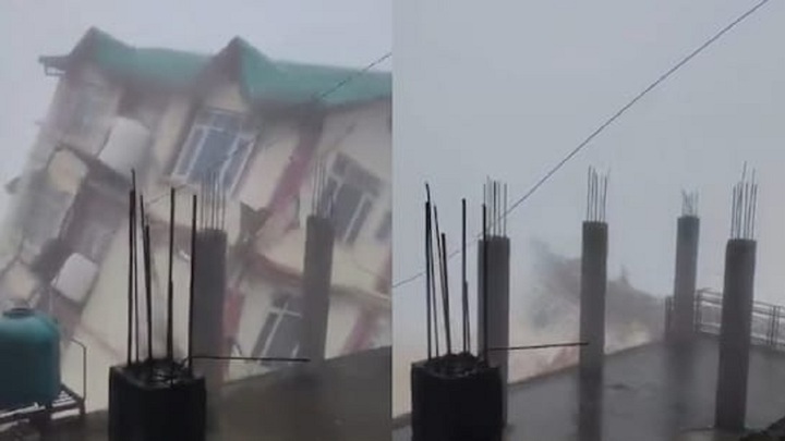 Clip: Mưa lớn, một tòa nhà 5 tầng đổ sụp trong tích tắc