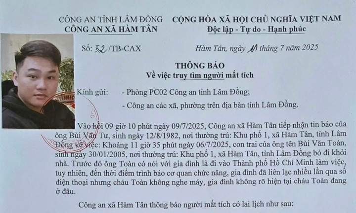 Truy tìm Bùi Văn Toàn mất tích sau 5 ngày không liên lạc được