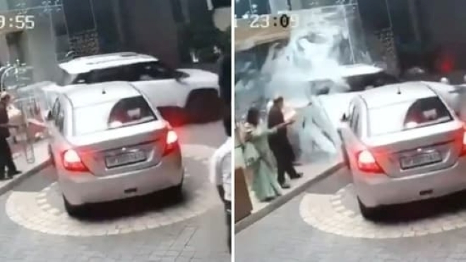 Clip: Nữ tài xế đạp nhầm chân ga, lao thẳng ô tô vào sảnh lễ tân của khách sạn