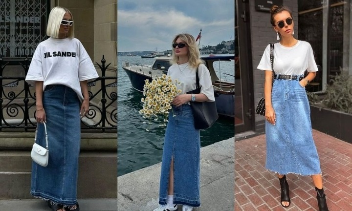 Cách phối đồ với chân váy jean dài