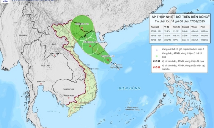 Khu vực nào có thể đón mưa lớn do ảnh hưởng của áp thấp nhiệt đới trên biển?