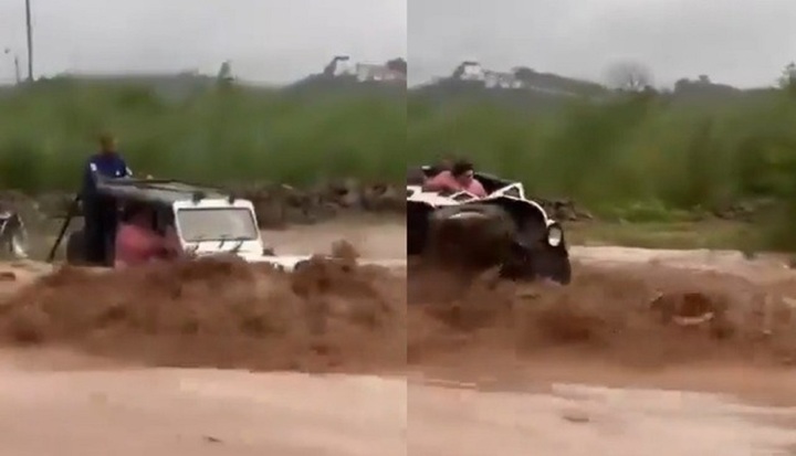 Clip: Phớt lờ lời can ngăn, 2 thanh niên lái Jeep vượt lũ và cái kết