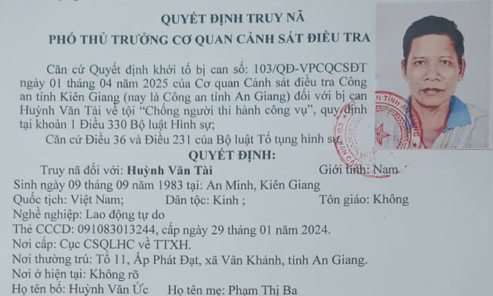Truy nã Huỳnh Văn Tài chống người thi hành công vụ trên biển