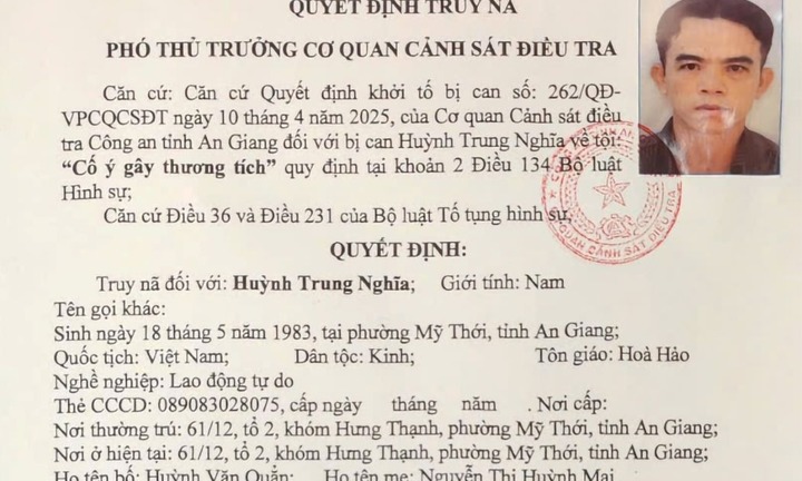 Công an tỉnh An Giang truy nã Huỳnh Trung Nghĩa