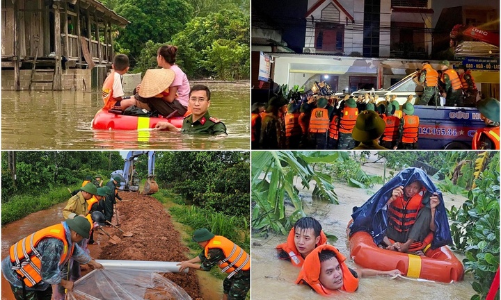 Cảm động hình ảnh công an, quân đội vào vùng ngập lụt cứu hộ, cứu trợ người dân
