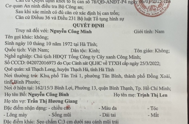 Truy nã đặc biệt Nguyễn Công Minh - Chủ tịch HĐQT Tổng Cty Cây xanh Công Minh