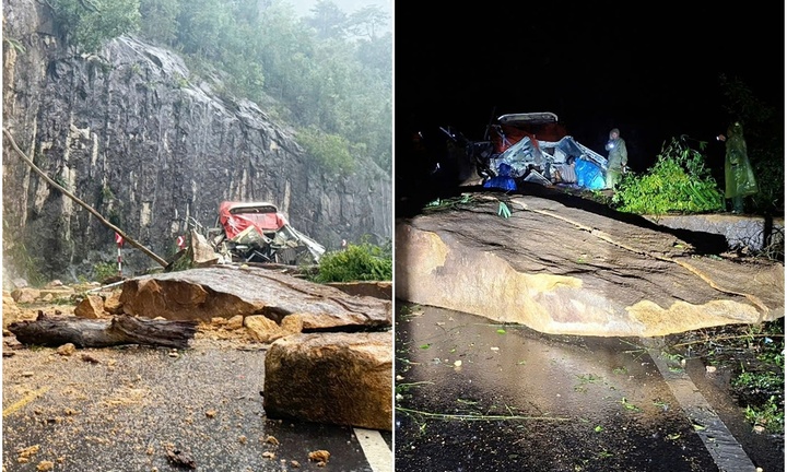 Cận cảnh tảng đá lớn đè xe khách trên đèo Khánh Lê khiến 6 người tử vong