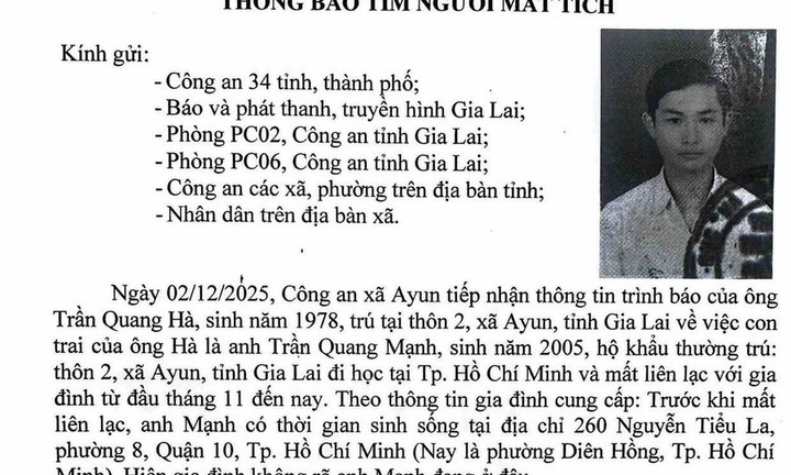 Nam sinh một trường đại học ở TP.HCM mất liên lạc gần 1 tháng