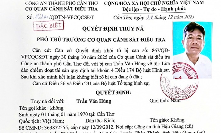 Công an TP Cần Thơ truy nã đặc biệt bị can Trần Văn Hùng