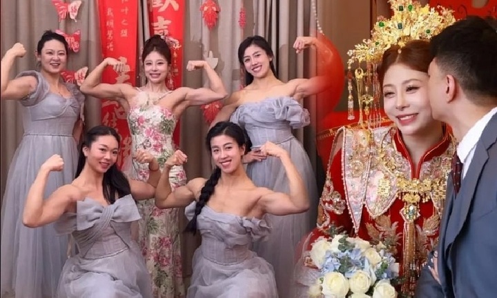 Cô dâu và phù dâu khoe cơ bắp cuồn cuộn trong đám cưới khiến quan khách trầm trồ