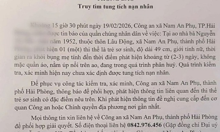 Xác minh vụ phát hiện thi thể một trẻ sơ sinh tại ao nhà dân ở Hải Phòng