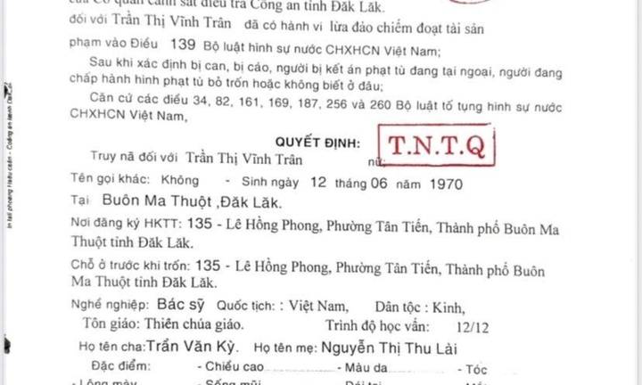 Truy nã đặc biệt Trần Thị Vĩnh Trân
