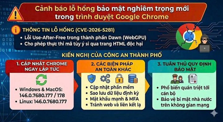 Công an Hà Nội phát hiện lỗ hổng bảo mật mới trong trình duyệt Google Chrome, khuyến cáo 3 việc cần làm ngay