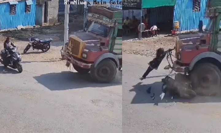 Cô gái thoát chết ngay trước đầu xe tải, khoảnh khắc thót tim từ camera ghi lại