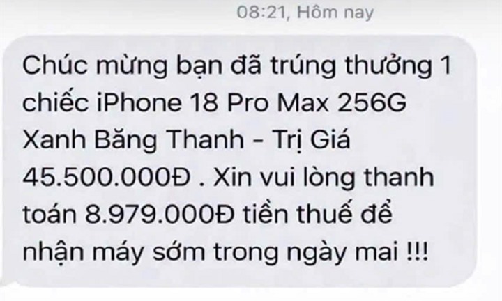 Nhận tin nhắn “trúng thưởng giá trị cao”, người dân đặc biệt lưu ý