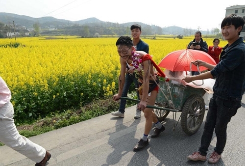 Màn rước dâu độc nhất: Chú rể bán nude kéo xe bò đón dâu
