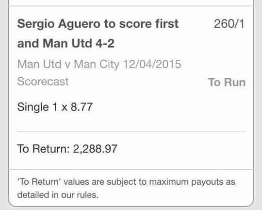 Thắng cược 260 lần nhờ M.U và Aguero