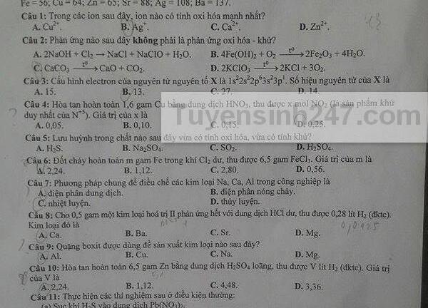  Đề thi tốt nghiệp THPT quốc gia môn Hóa học năm 2015