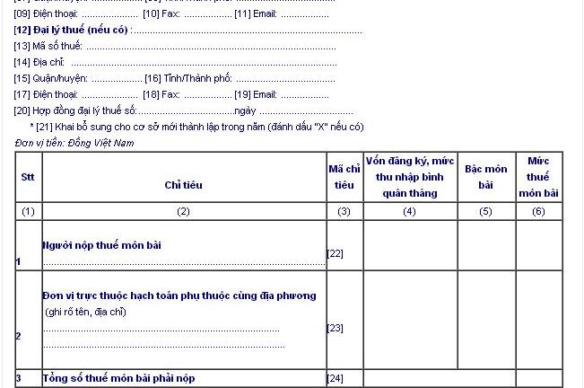 Hướng dẫn lập tờ khai thuế Môn bài năm 2015