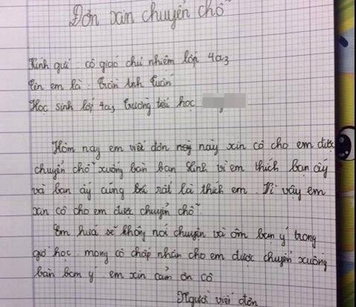 Học sinh lớp 4 viết đơn xin ngồi gần người mình thích