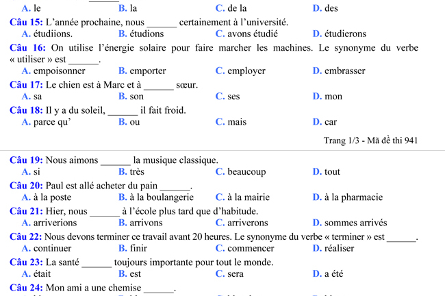 Đề thi tốt nghiệp THPT môn Tiếng Pháp năm 2014
